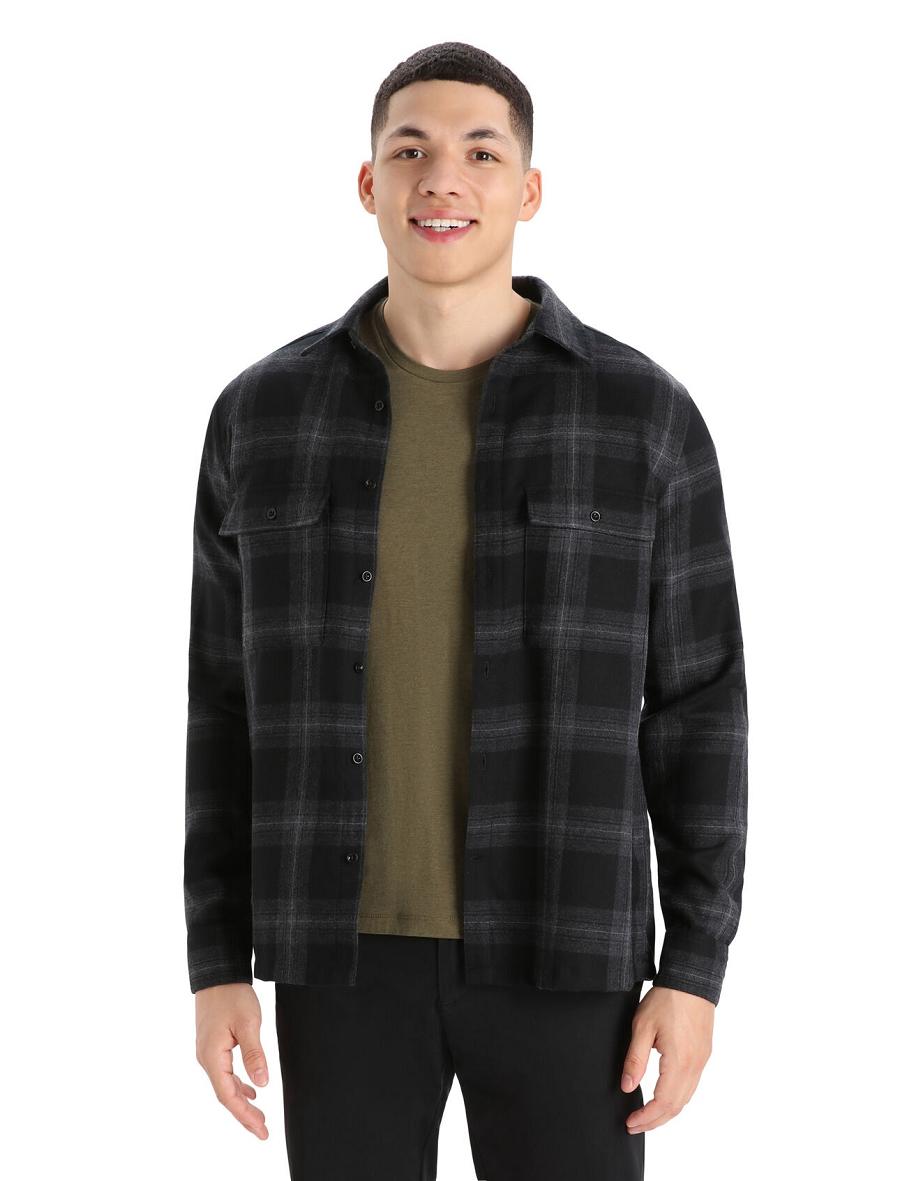 Men\'s Icebreaker Merino Dawnder Long Sleeve Flannel Shirt Plaid Hoodie Jet Heather | CA 1691GSOL